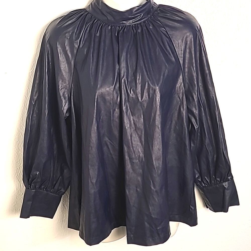 Rachel Comey Faux Leather Navy Blue Top, Buttondown in Back w/Tie, Sz Medium,NWT - Picture 3 of 13